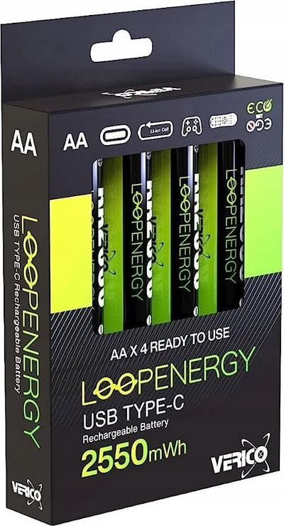 Bateri që mbushen prap Verico LoopEnergy USB C AA, 1700mAh, pako me 4 copë, t’barda