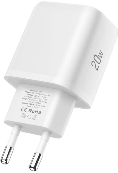 Karikues muri Tech-Protect NCA20, 20W PD QC3.0, USB-A USB-C, me kabllo USB-C në Lightning, i bardhë
