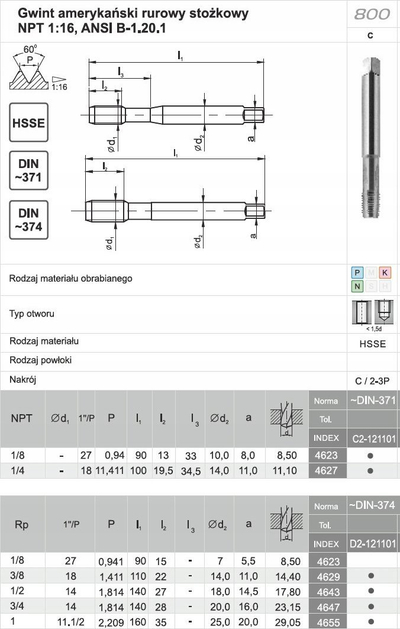 Çekan filetimi FANAR HSSE 800 NPT 3/4-14, DIN 374-C