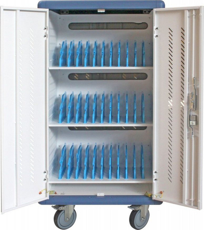 Karrocë karikimi Techly Ventilated Charging Station Trolley, për 30 pajisje, me kyç, ngjyrë bardhë me të kaltër