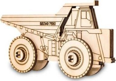 Model druri mekanik Belaz 7530, puzzle 2D, me rrota që levizin, ngjyrë natyrale druri