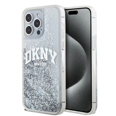 Mbulesë telefoni DKNY Liquid Glitter me logon e madhe për iPhone 15 Pro 6.1", transparente, me xixa, e bardhë