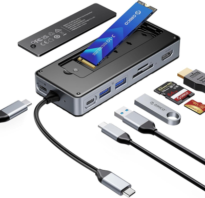 Hub USB C ORICO me SSD M.2 NVME SATA, 4K 60Hz HDMI, 10Gbps, 100W PD, gri