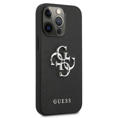 Mbulesë telefoni Guess 4G Metal Logo Saffiano për iPhone 13 Pro, PU, e zezë