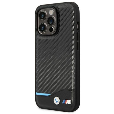 Mbulesë telefoni BMW M Collection për iPhone 14 Pro Max, lëkurë PU me efekt karboni, mbrojtëse, e zezë me vijë blu