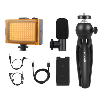 Set vlogimi Puluz PKT3132B, tripod tavoline, llampë LED me mikrofon, i zi