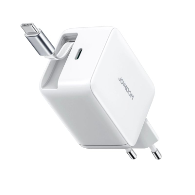 Karikues USB GaN Joyroom JR-TCL06, USB-C 67W, me kabllo që futet brenda, i bardhë