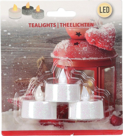 Set qirinj LED dekorativë, Tea Light, 3 copë, me shkëlqim glitter, të bardhë