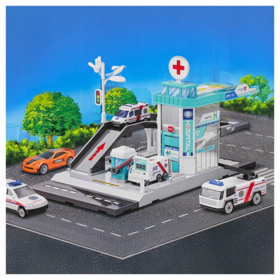 Set lojrash Mega Creative Parking Emergency Station 571414, 2 makina metalike, aksesorë sinjalizimi, shumëngjyrëshe