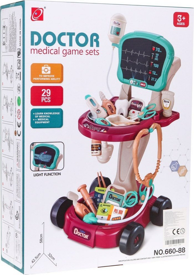 Set doktori lojë Little Doctor, karrocë mjeku, panel X-ray me dritë, 29 pjesë, shumëngjyrëshe
