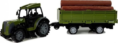 Lodër traktor me pult Lean Toys, 50cm, me rimorkio dhe trungje druri, i gjelbër