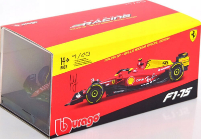 Model makine Ferrari F1 75 Bburago, 1/43, me kuti ekspozimi, e verdhë
