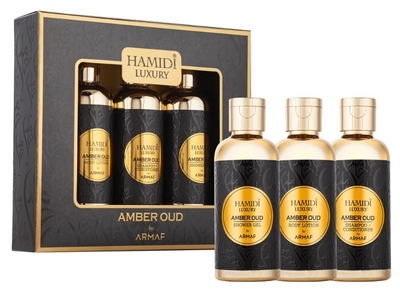 Set dhuratë për meshkuj Hamidi Amber Oud, losion trupi 95 ml + xhel dushi 95 ml + shampo/balsam 2 në 1 95 ml