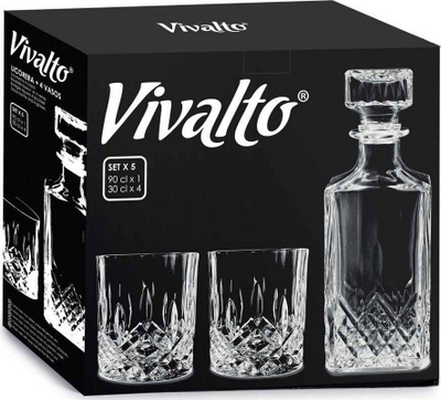 Set për whisky Vivalto, 1 shishe 0.9L, 4 gota 0.3L, qelq transparent
