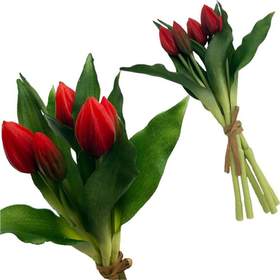Buqetë lulesh artificiale Saska Gift and Decor, tulipanë të kuq, 5 copë, silikon PU 28 cm