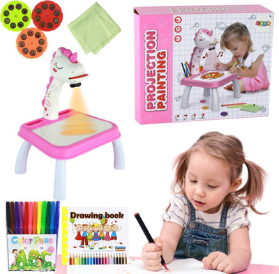 Lodër projektor për vizatim Unicorn, me 12 markerë, disqe figurash, rozë