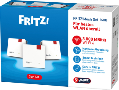 Set rrjetë WiFi AVM Fritz Mesh Set 1600, 3 copë, router mesh, i bardhë