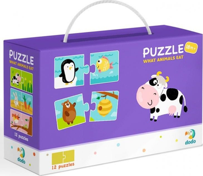 Puzzle Dodo Duo Çfarë hanë kafshët, 12x2 pjesë, 18+ muaj