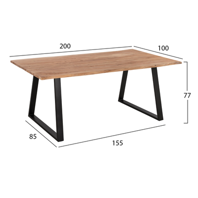Tavolinë ngrënieje Sofia Slim HM8501.11, dru akacie masiv, 200x100x77 cm, këmbë metalike të zeza