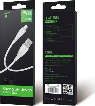 Kabllo USB C në USB C T Phox, 1.2 m, 3A Power Delivery, e bardhë