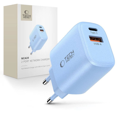 Karikues muri Tech-Protect NCA20, 20W PD QC3.0, me 2 porta USB-A edhe USB-C, blu