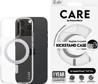 Mbulesë telefoni PanzerGlass 0 CARE Feature Case, MagSafe, me mbajtëse, transparente argjendi për iPhone 16 Pro