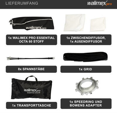 Softbox oktagonal Walimex Pro Essential 60cm, rrotullim 360°, me grid, me adapter Bowens