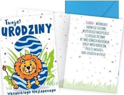 Kartolinë ditlindje KUKARTKA B6 Birthday 3 Lion, për çun 3 vjeç, me zarf, shumëngjyrëshe