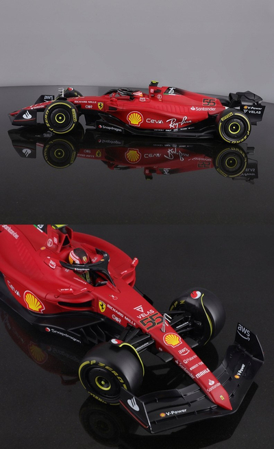 Maket makine Bburago Ferrari F1-75 Sainz 1:18, model die-cast, me helmetë, i kuq