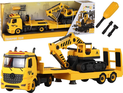 Lodër ndërtimi Lean Toys Vehicle For Assembly 17197, kamion me vinç edhe eskavator, me drita edhe zëra, e verdhë
