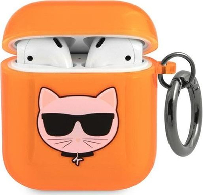 Kapak mbrojtës Karl Lagerfeld KLA2UCHFO Choupette për AirPods 1/2, TPU, me kapëse, portokalli fluo