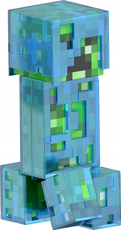 Figurinë koleksionare Minecraft Diamond Level Creeper, 14 cm, me aksesorë TNT, blu transparent