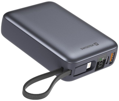 Power bank Swissten, 20000 mAh, 22.5W, me kabllo USB-C dhe Lightning, ngjyrë argjendtë space