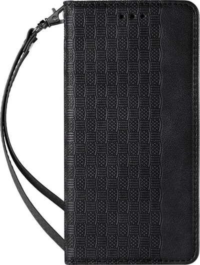 Këllëf telefoni Hurtel Magnet Strap për Samsung Galaxy S22 Ultra, lëkurë eko, tip portofol, i zi