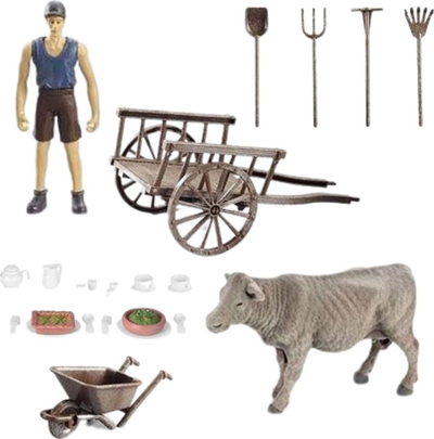 Set lodër fermë ProNice Farmer House, figurina fermer dhe lopë, mjete ferme
