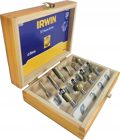 Set frezash druri Irwin Shape Cutters, 10 copë, bosht 8mm, në kuti druri