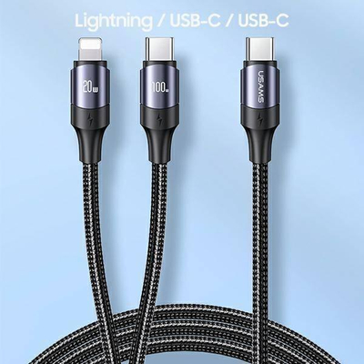 Kabllo karikimi Usams US-SJ550 U71, USB C në Lightning dhe USB C, 100W 1.2m, e zezë