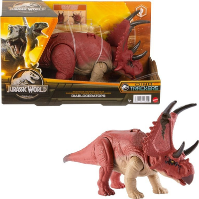 Lodër dinosaur Mattel Jurassic World Wild Roar Diabloceratops, me zë, 13cm, e kuqe beige