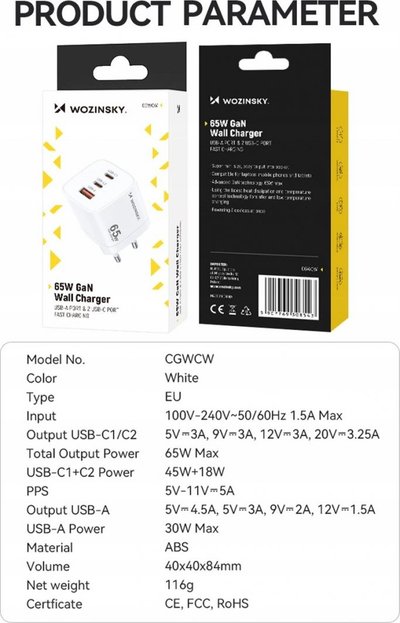 Karikues muri Wozinsky GaN Cgwcw, 65W, 2x USB C dhe USB A, i bardhë