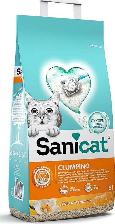 Rërë për mace Sanicat Clumping Vanilla, 8L, me aromë vanilje