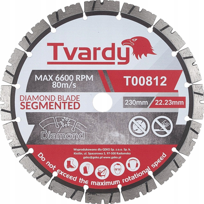 Диск за сечење дијамантски Tvardy T00812, сегментиран 230mm, дупка 22.23mm, сиво и црвено
