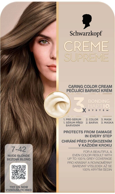 Bojë flokësh Schwarzkopf Creme Supreme 7-42, Nude Blonde, krem, mbulim 100% i thinjave