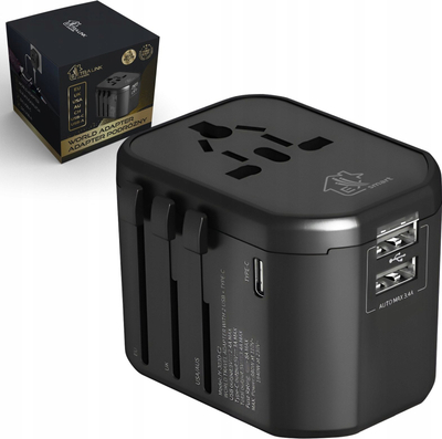 Përshtatës udhëtimi ExtraLink Smart Life, EU UK USA AU CH, porta USB C dhe USB A, i zi