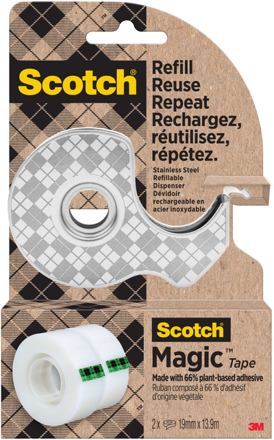 Dispenser shirit ngjitës Scotch Stainless Steel 7100334048, me 2 role Magic Tape 19mm x 13.9m, metalik