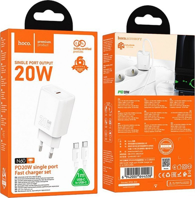 Ngarkues muri Hoco N60, 20W PD QC, USB C me kabllo USB C në Lightning, i bardhë