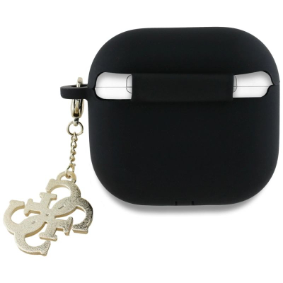 Kuti mbrojtëse Guess 4G Silicone Charm për AirPods 4, silikon, me varëse, e zezë