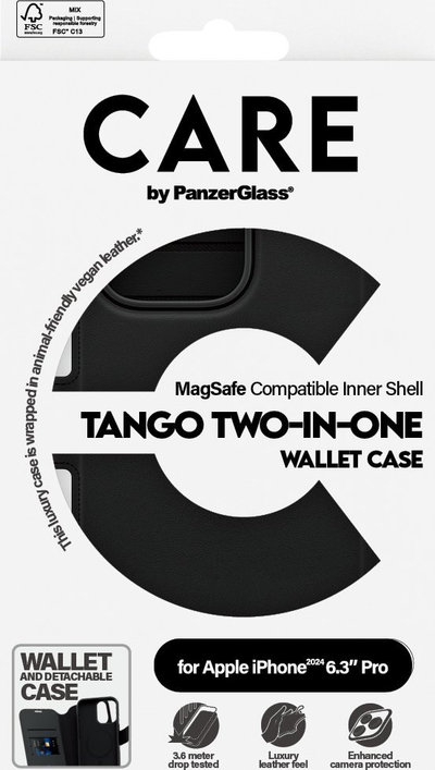 Mbulesë telefoni CARE by PanzerGlass Case Feature Tango 2‑në‑1 Portofol, për iPhone 16 Pro, lëkurë vegane, e zezë