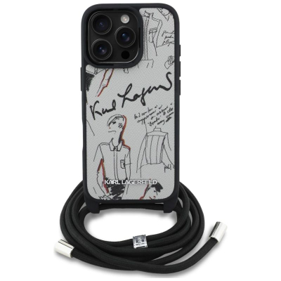 Kapak telefoni Karl Lagerfeld Crossbody Grained Pattern Logo për iPhone 16 Pro Max, me rrip crossbody, gri