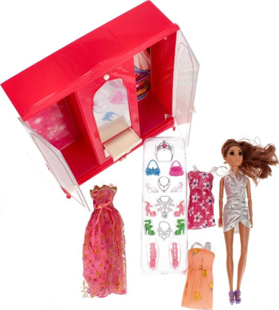 Set lodre me kukull MEGA CREATIVE 31 cm, dollap me rroba, gjerat e modes, i kuq