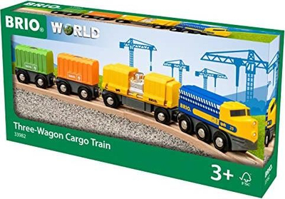 Set tren lodër Brio World 33982 Three Wagon Cargo Train, 3 vagona ngarkese, dru, shumëngjyrësh